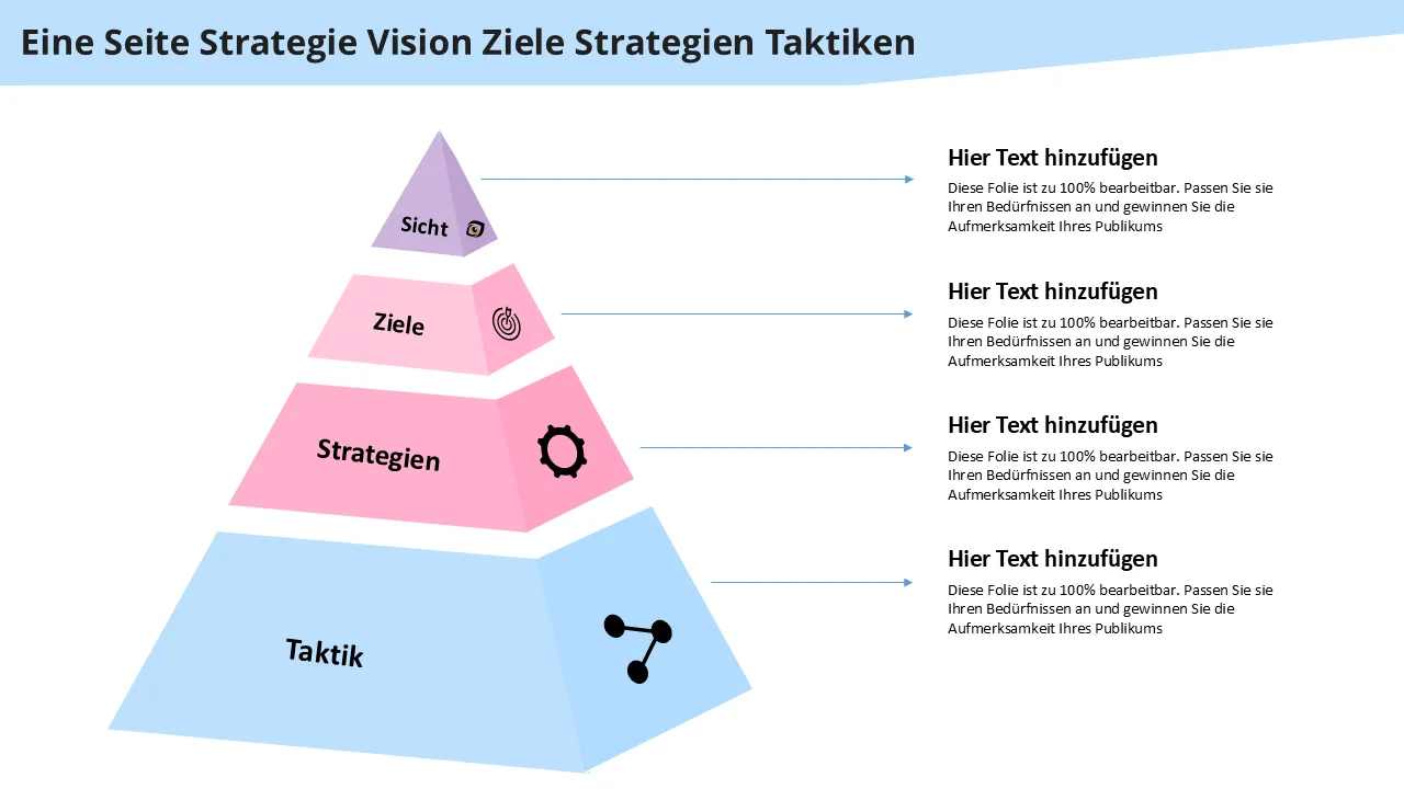Eine Seite Strategie Vision Ziele Strategien Taktiken PowerPoint-Vorlage für professionelle Präsentationen