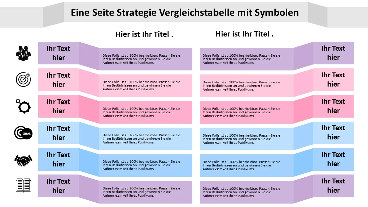 Einseitige Strategievergleichstabelle mit Icons PowerPoint-Vorlage für professionelle Präsentationen