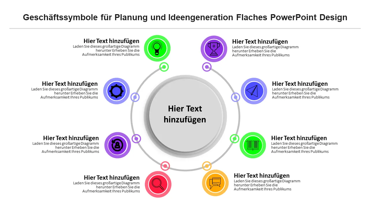 Geschäftssymbole für Planung und Ideengenerierung, flaches Powerpoint-Design