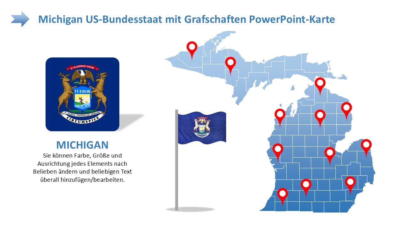 Michigan, US-Bundesstaat mit Landkreisen, PowerPoint-Karte, PowerPoint-Vorlage für professionelle Präsentationen