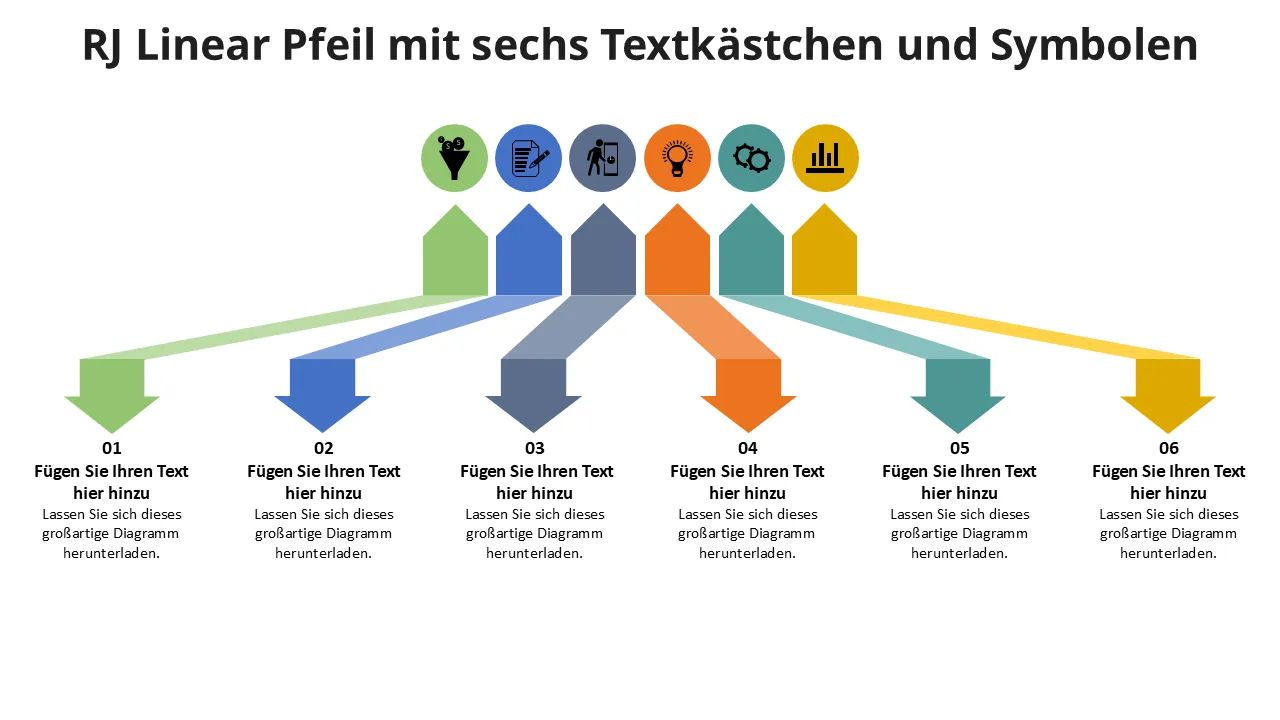 Rj linearer Pfeil mit sechs Textfeldern und Symbolen. Flache PowerPoint-Design-PowerPoint-Vorlage für professionelle Präsentationen